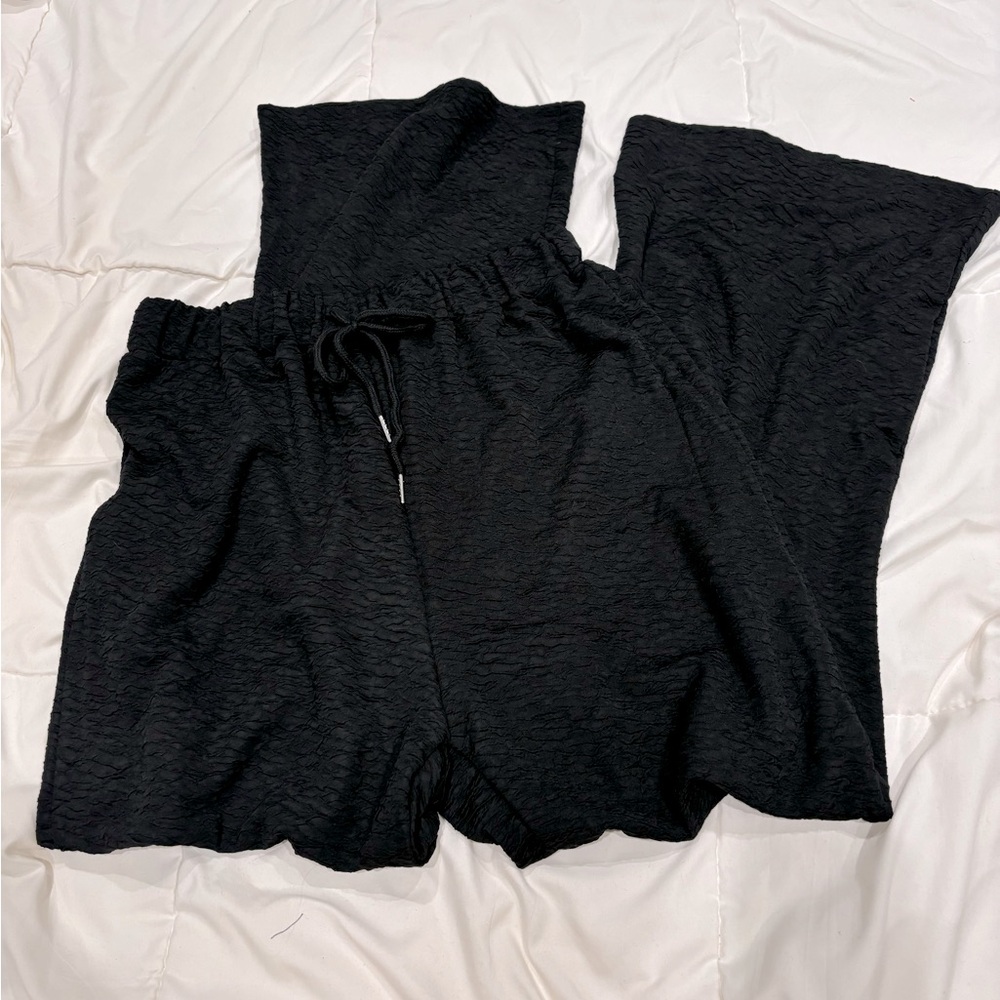 Women’s Large Black Textured Drawstring Wide-leg Pants